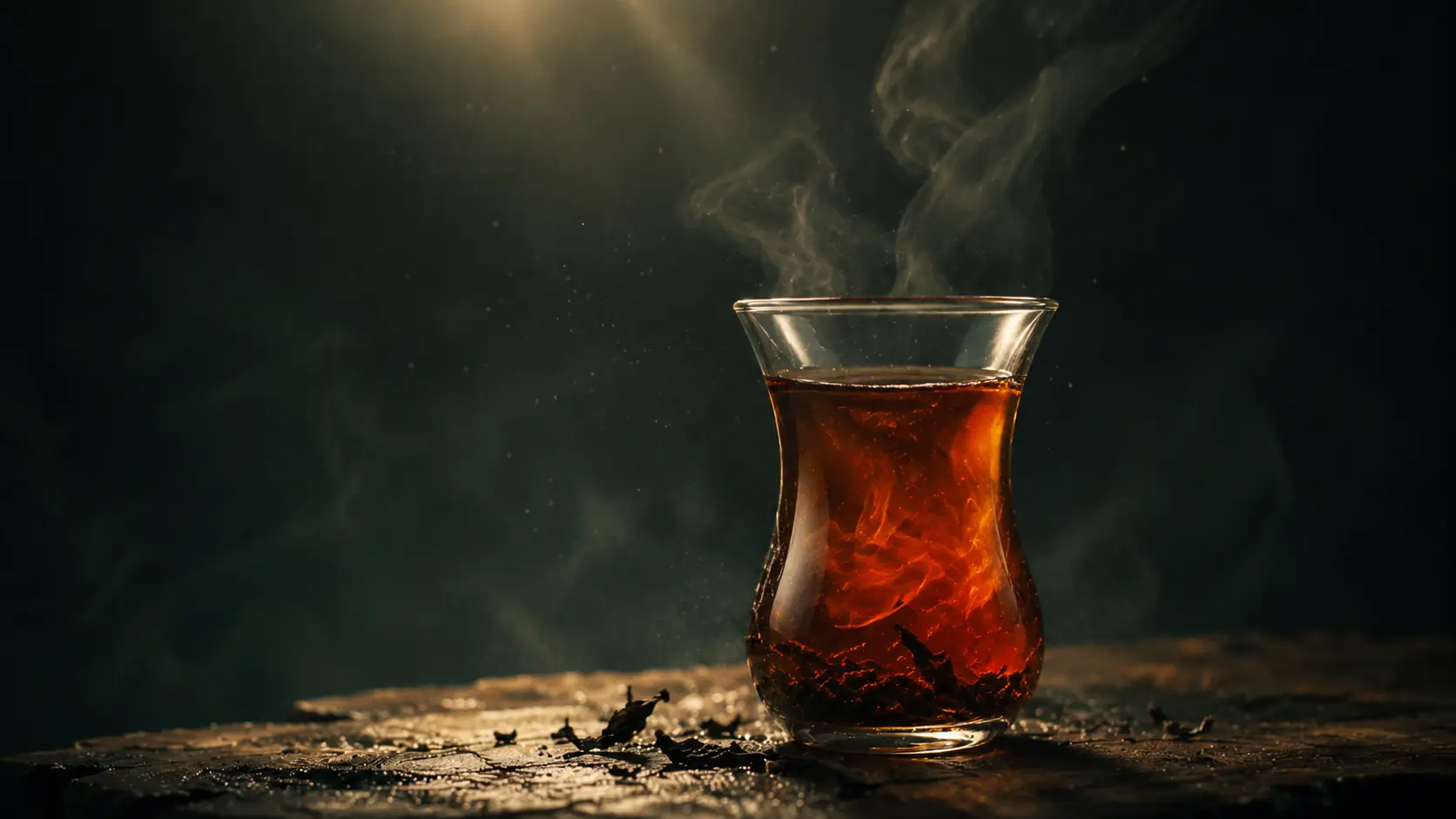 A steaming glass of Sialan tea in low light